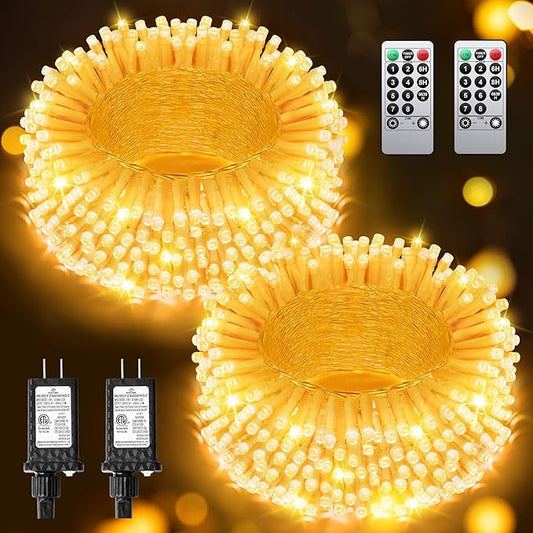 Warm White Christmas Lights Outdoor Total 250FT 760 LED, 2 Packs 380 LED String Lights Waterproof, Timer & Memory, 8 Modes Dimmable Plug in Fairy Lights for Tree Outside Xmas Holiday Decorations