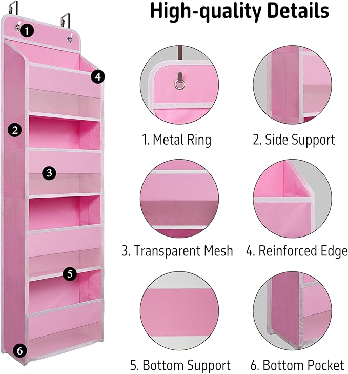 Over Door Organizer with 4 Large Capacity Pockets, Heavy Duty Hanging Organizer Storage for Closet Bathroom Nursery Bedroom Dorm, Toys Cosmetics Sundries and Baby Essentials, Pink