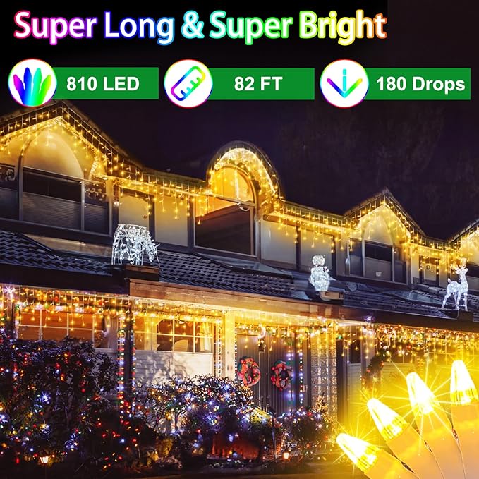 82FT 810 LED Outdoor Christmas Lights - 180 Ice Drops, 12 Pro Modes with Timer Memory & Brightness, Waterproof Hanging Ice String Light for Holiday Wedding Garden Fence House Decor (Warm White)