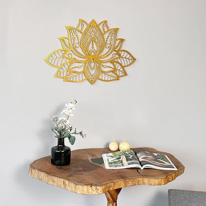 Colorfull Worlds Mandala Metal Wall Decor, Lotus Flower Meditation Room Decor, Minimalist Zen Garden Bohemian Gift for New Year (36" x 23" | 91 x 59 cm, Gold)