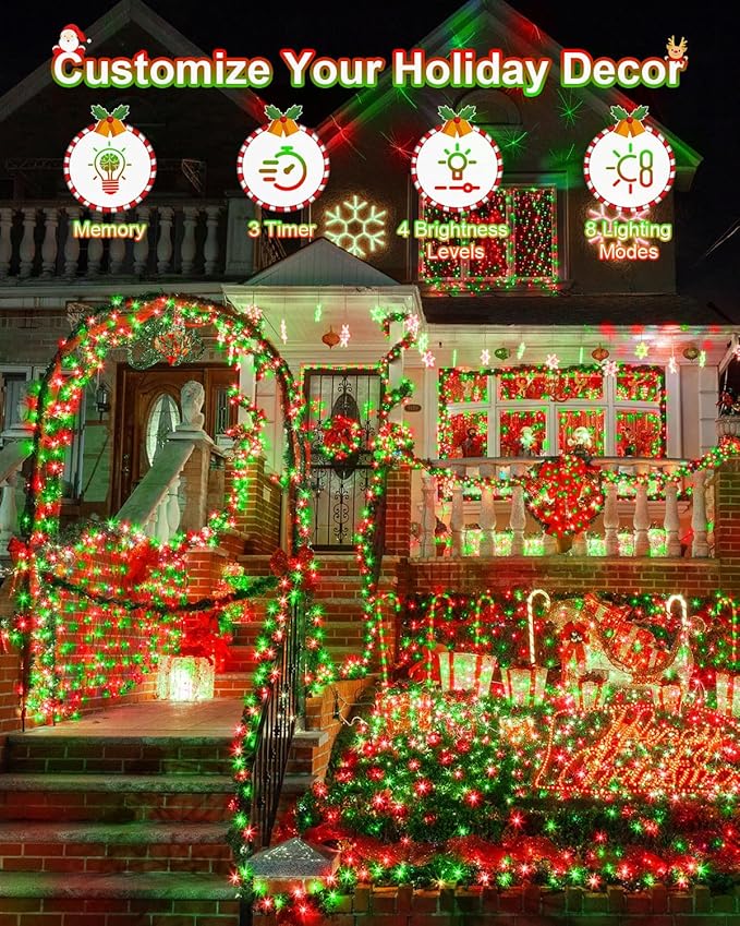 552FT 1400LED Red and Green Christmas Lights Outdoor, Extra Long Outdoor String Lights Waterproof, Timer & Memory, 8 Modes Dimmable Plug in Fairy for Outside Tree Wedding Patry