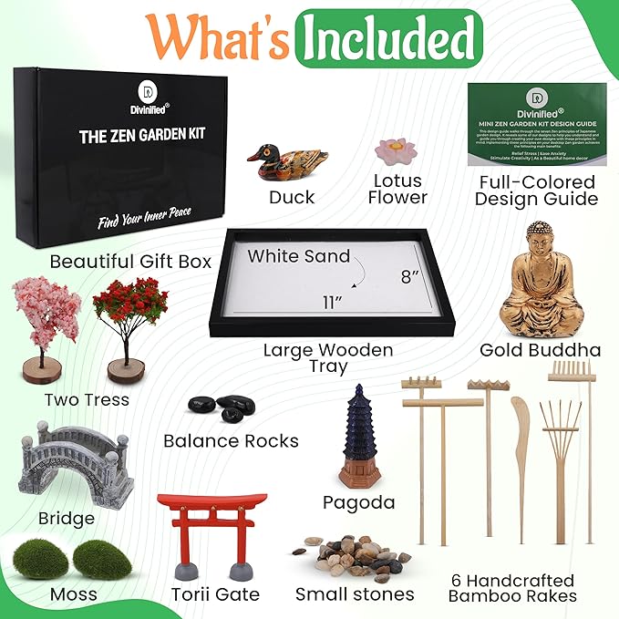 Zen Garden for Desk - Sand Tray Therapy Kit - Therapy Office Decor. 6 Rake Tools, 15 Piece Zen Garden Accessories, Meditation Accessories for Home and Office Relaxation, Gorgoeus Gift