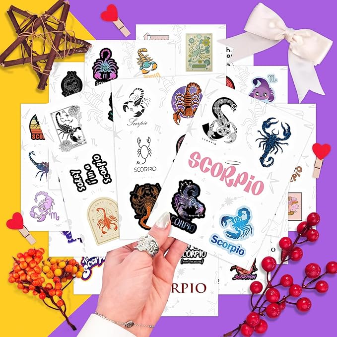 BulbaCraft 100Pcs Laptop Stickers Scorpio (Zodiac) for Water Bottle and Laptop - Scorpio Party Favors & Decorations, Waterproof Vinyl Astrology Decals, Gifts for Women & Men
