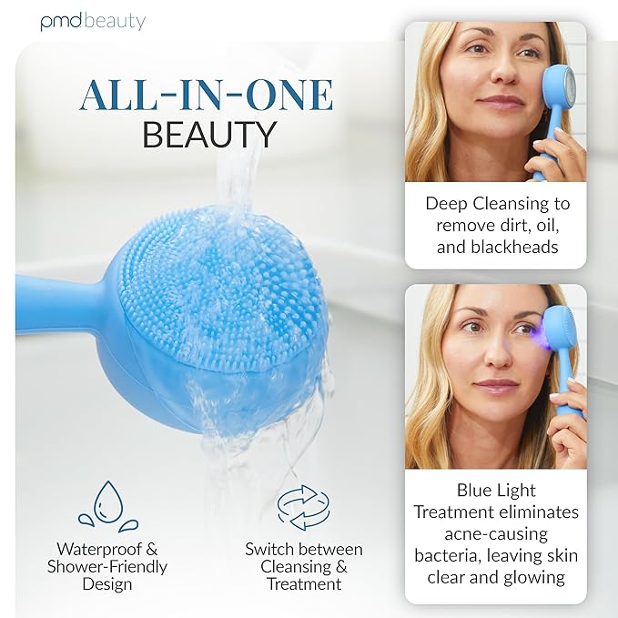 PMD Beauty Facial Cleansing Brush - Smart Silicone Brush with Blue Light Treatment - SonicGlow Vibration - Waterproof Device for Acne