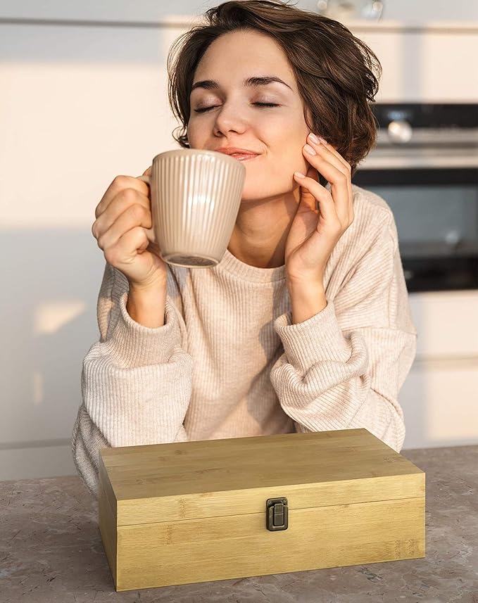 Bamboo Tea Organizer Box Chemical Free Eco-Friendly Big, Tall, Adjustable Cubbies Natural Wooden Storage Chest (8-Slot 14.3" x 8.1" x 4.2" Blank)