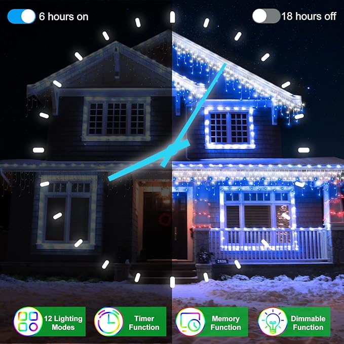 50FT 504 LED Outdoor Christmas Lights - 112 Ice Drops, 12 Pro Modes with Timer Memory & Brightness, Waterproof Hanging Ice String Light for Holiday Wedding Garden Fence House Decor (Blue & White)