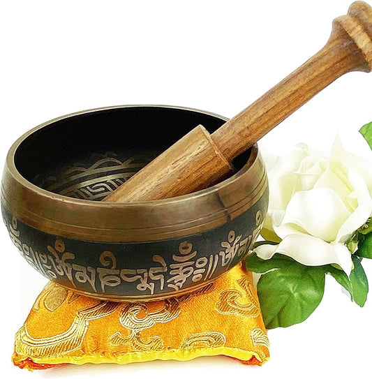 3007 SB 'D' Note Sacral Chakra Antique Tibetan Auspicious Symbol Bowl Set ~ Nepal