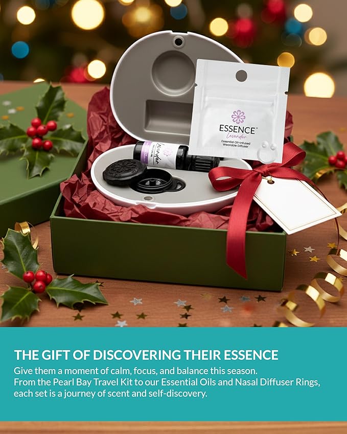 Essence Pearl Travel Case - Wearable Aromatherapy Kit with Nasal Diffuser Rings, Soaking Bay, and 5mL Essential Oil – Portable Wellness Gift Set for On?The?Go Self Care