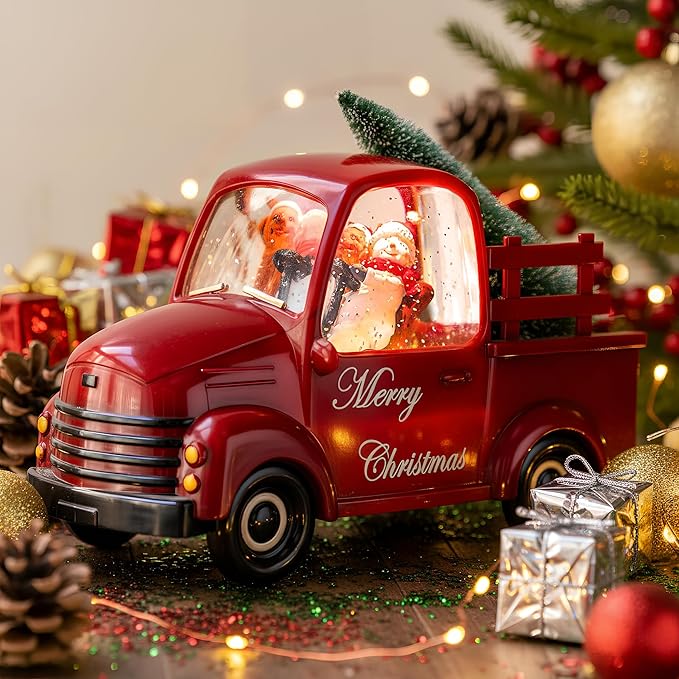 Xindian Musical Red Truck Snow Globe with Swirling Glitter, Snowman & Dog, Carrying Christmas Tree, Spinning Water Lantern for Christmas Decor