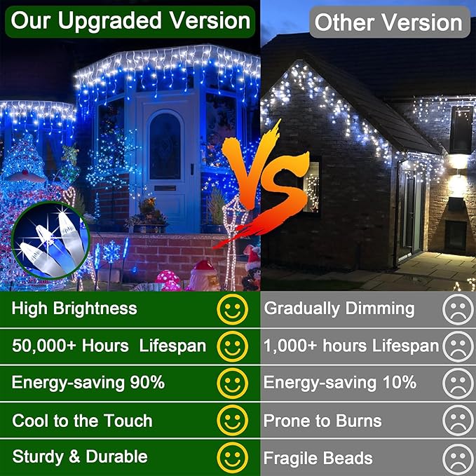 164FT 1620 LED Outdoor Christmas Lights - 360 Ice Drops, 12 Pro Modes with Timer Memory & Brightness, Waterproof Hanging Ice String Light for Holiday Wedding Garden Fence House Decor (White & Blue)