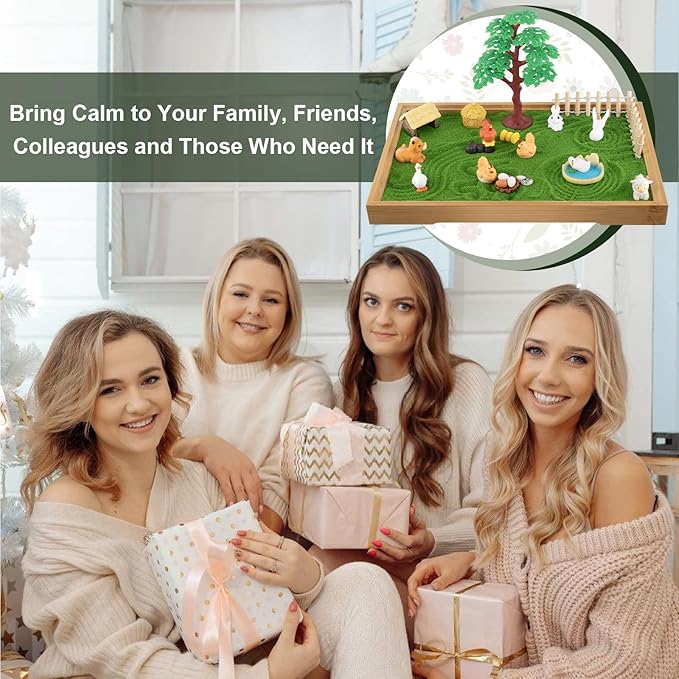 31 Pcs Zen Garden Kit for Desk, Mini Zen Sand Garden with Wooden Tray & Rake, Japanese Gift Set for Home, Office Desk Decor