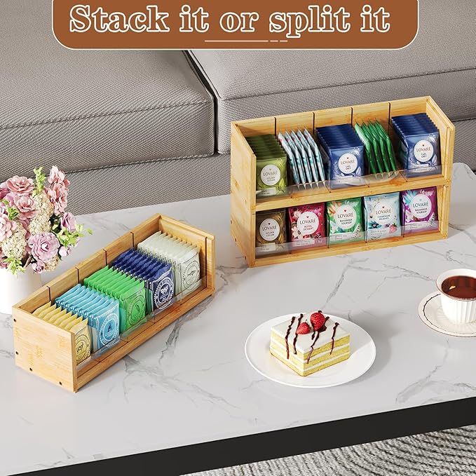 X-cosrack Bamboo Tea Bag Organizer Storage Box, 3 Tier Stackable Tea Bag Box Natural Wood, Wall Mount Tea Chests with Acrylic for tea bags Office Kitchen Cabinet Pantry