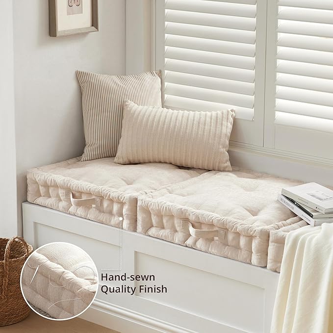 Intelligent Design Large Floor Pillow for Adults Yoga or Meditation Cushion with Handle, Floor Cushion for Board Games, Lustrous Chenille Tufted, Handsewn Scalloped Edge, Azza, 24" x 24" x 5" Ivory