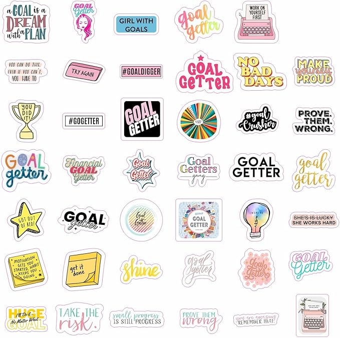BulbaCraft Motivational Stickers for Adults - Goal Getter Party Favors & Decorations, Waterproof Vinyl Inspirational Decals for Water Bottle, Laptop, Gifts for Women & Men