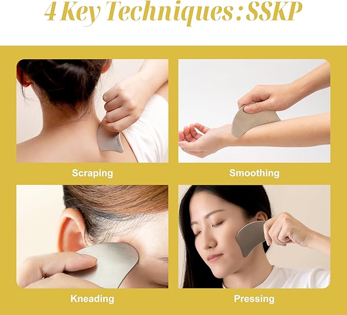 SHUHU Stainless Steel Gua Sha Facial Tool for Face & Body – Jawline Sculptor & Puffiness Relief – Face Massage Tool for Lymphatic Drainage, Tension & Muscle Relief, with Travel Pouch