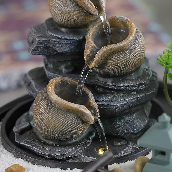 Tabletop Water Fountain with LED Lights & Pagoda, 3 Tiers Crocks Cascading Design,Artificial Flowers, White Stones and Rake, Zen Decor for Office/Living Room/Bedroom/Study (8.5" H)