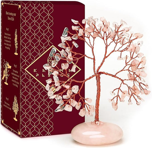 Rose Quartz Crystal Tree of Life Birthday Gifts for Women, Mom, Aesthetic Home Decoration, Office Desk Decor, Bonsai Feng Shui Chakra Tree for Positive Energy, Good Luck, Money, Reiki Healing Stone