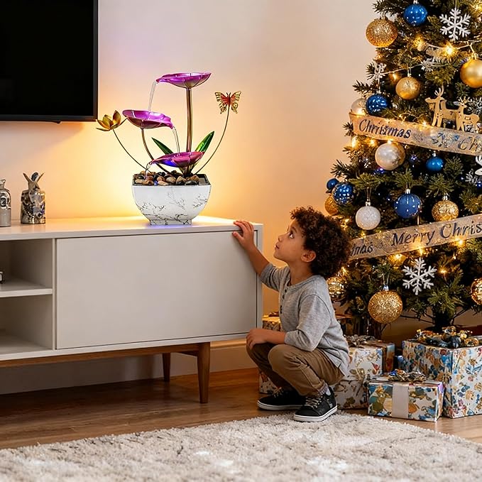 Pink Tabletop Water Fountain, Fall Decor USB Desktop Sleep Waterfall, Women Office Decor, Zen Garden for Desk，Thanksgiving Gift