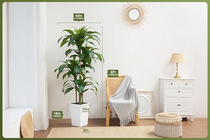 Artificial Dracaena Tree 6FT - Fake Tree with White Taper Planter & Pebbles - UV Resistant Faux Yucca Tropical Plant - Artificial Trees for Home Office Living Room Decor Indoor Outdoor