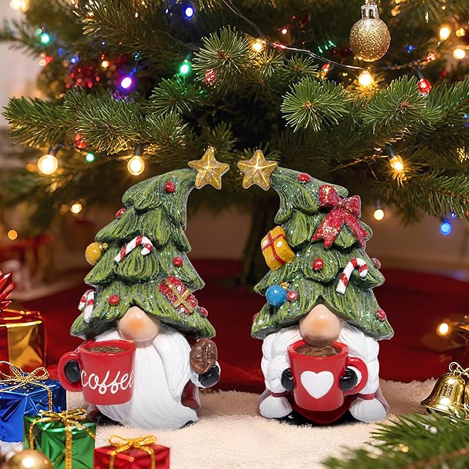 Hodao Christmas Elf Figurines with Tree Hats, Coffee Cup Elves Holiday Table Decorations, Cozy Festive Home Decor Accents for Living Room, Fireplace Mantel, Dining Table (Red)