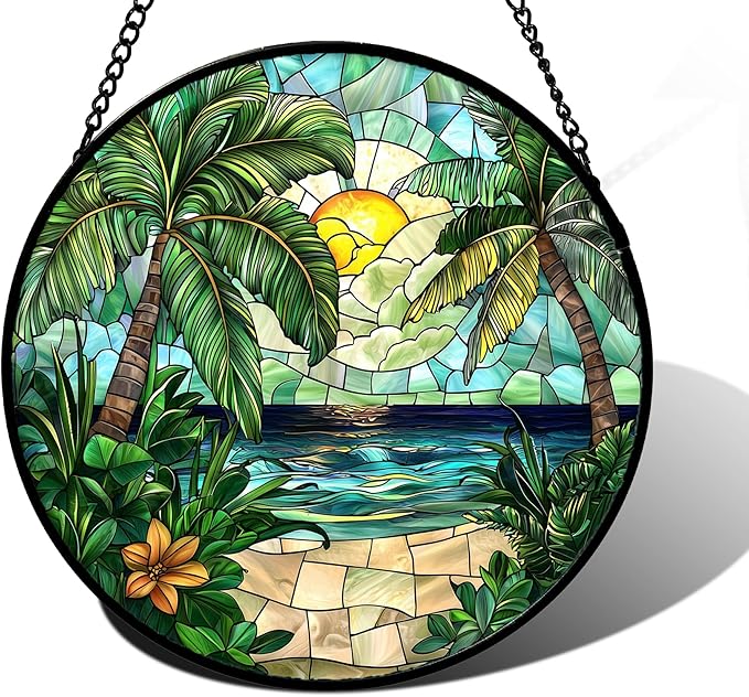 Stained Glass Window Hanging, Green Beach Scenery Suncatcher Diamond Glass Panel Hangings Sun Catchers Decor for Birthday for Women, Men, Wife, Aunt, and Mom 6.3 in