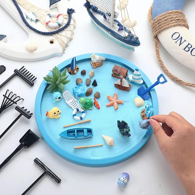 37 Pcs Ocean Zen Garden Kit for Desk 10 x 10 Inches Japanese Beach Sea Decoration Mini Zen DIY Gifts Set with Mini Decorative Tools Blue Tray and Sand for Desktop Meditation Accessories