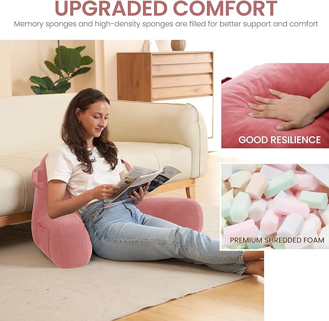 Portable Comfy Reading Pillows for Bed Sitting Up(Dark Pink Oeko-Tex), Velvet Back Pillow with Arms & Pockets for Adults, Support Memory Foam Bed Pillow for Dorm/Reading/Watching/Gaming
