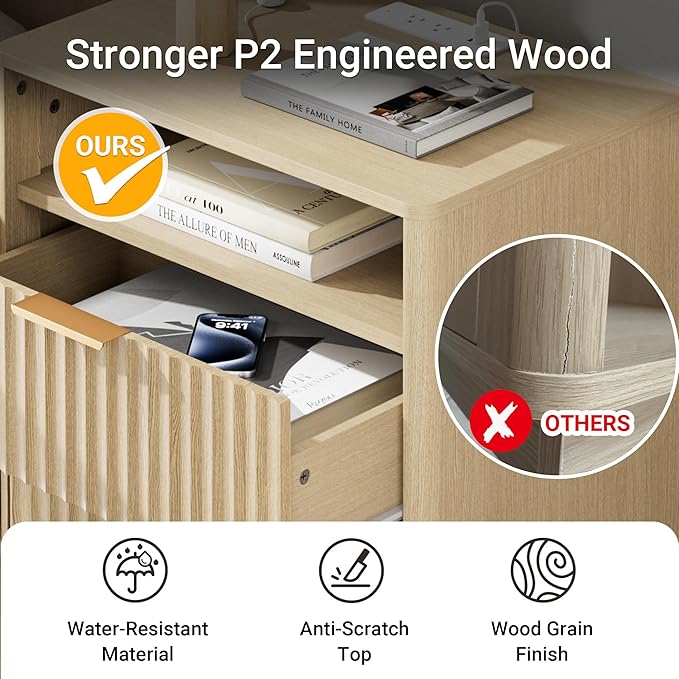 Large Fluted Nightstand with Charging Station, 23" Modern Farmhouse Night Stand, 2 Drawers End Table with Storage, Bedside Table for Bedroom Sofa Home Office, Curved Profile (Natural Oak)