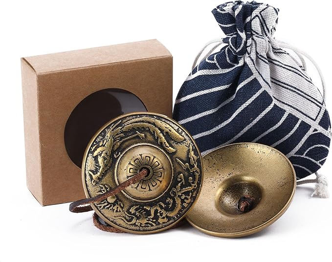 Tibetan Tingsha Cymbals Meditation Chime Bells 2.5" Dragon and Phoenix with Embossed Bell with Gift Box Drawstring Cloth Bag for Sound Healing, Yoga, Stress Relief Meditation Instruments