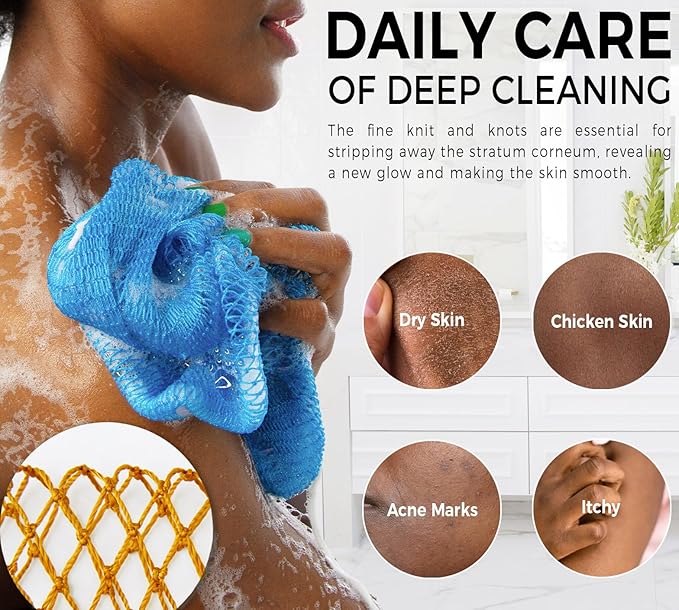 African Net Sponge Authentic - 2 Pieces Exfoliating Body Scrubber Bath Sponge Babyblue&Orange - Back Scrubber Washcloth for Shower - Real African Scrub Exfoliator Body Care Bathing Accessories