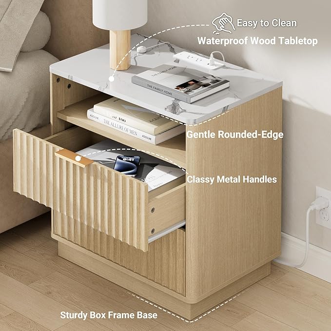 Large Fluted Nightstand with Charging Station, 23" Modern End Table with Faux Marble Top, 2 Drawers Night Stand with Storage, Side Table for Bedroom Living Room,Curved Profile(Natural Oak)