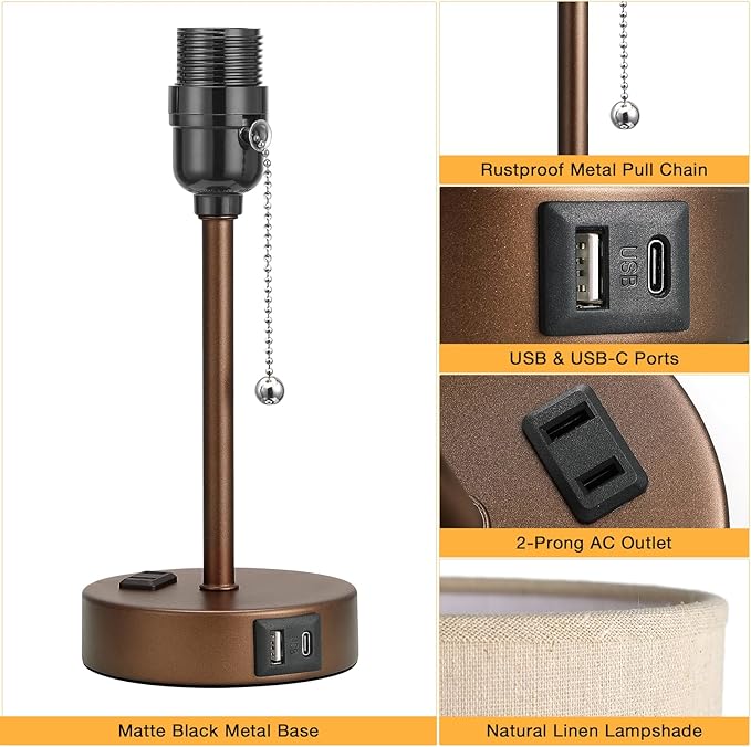 Dicoool Small Bedside Table lamp for Bedroom - 3 Color Temperatures Brown Bedside Lamps with USB C and A Ports, Pull Chain Table Lamps with AC Outlet, Black Nightstand Lamps for Kids Reading Study