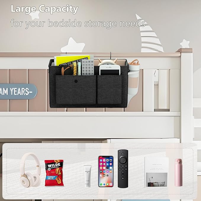 Bedside Caddy Bedside Organizer with Fixed Straps & Water Bottle Holder, Bunk Bed Caddy ideal for Home, Dorm, Hospital, Crib, Versatile Bedside Storage Solution (Black)