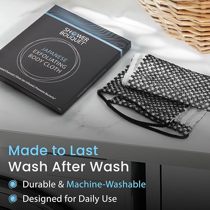 Japanese Exfoliating Washcloth for Back & Body - Charcoal & Silver Ion Exfoliating Towel with Handles - Two-Sided Gentle Exfoliation & Deep Cleansing Soft Body Wash Cloths for Shower - White