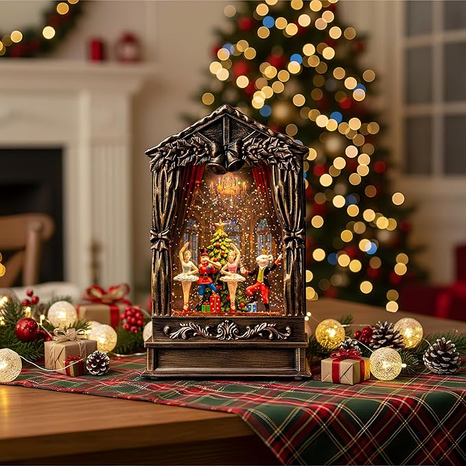 Christmas Snow Globe Lantern Water Glittering Nutcracker Ballet Theatre with Music & Timer, USB Lined/Battery Operated Lighted Lantern for Christmas Festival Decoration Gifts