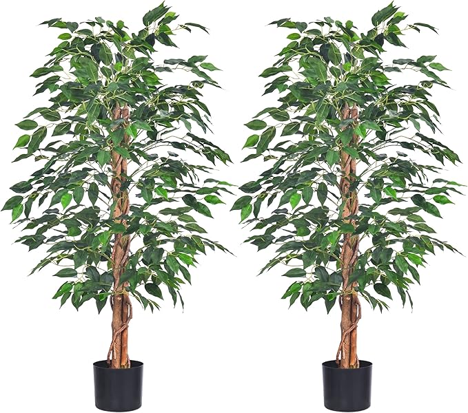 2Packs 4FT Artificial Ficus Tree, Fake Plants with Sturdy Plastic Nursery Pot,Faux Ficus Trees for Home Office Living Room Indoor Outdoor Decor Perfect Housewarming Gift (4FT-2Packs)