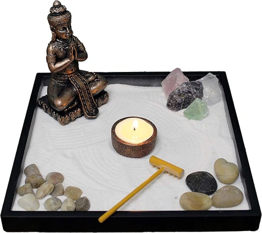Nature's Mark Mini Zen Garden Kit for Desk with Rake, White Sand, Buddha Figures, Tea-Light Holder Black Square Base, River Rocks and Crystal (9Lx9W B)