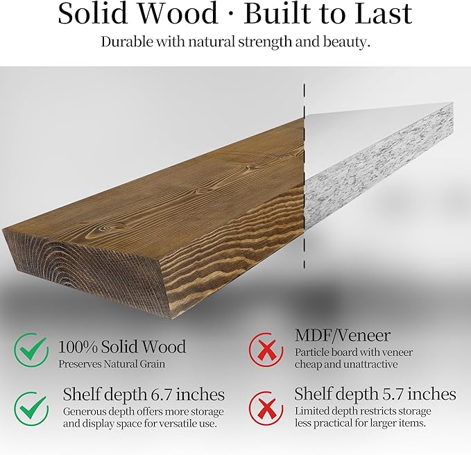 BGMG Wood Floating Shelves for Wall 16 inch Set of 2, Rustic Wooden Wall Mount Shelves for Living Room Bedroom Kitchen Farmhouse-16x6.7x1.25 inch- Dark Walnut