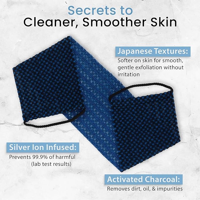 Japanese Exfoliating Washcloth for Back & Body 2-Pack - Charcoal & Silver Ion Exfoliating Towel with Handles - Two-Sided Gentle Exfoliation & Deep Cleanse Body Wash Cloths for Shower - 1 Blue, 1 Green