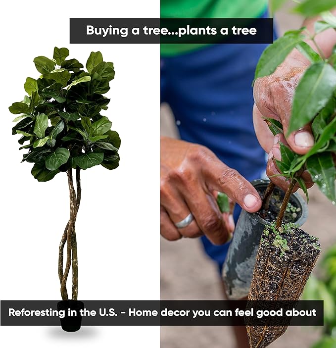 Cypress & Alabaster Handmade 6ft Fiddle Leaf Fig Ficus Lyrata Artificial Tree with Ethically Sourced Real Wood Trunks, Hypoallergenic, 6-Foot, Green