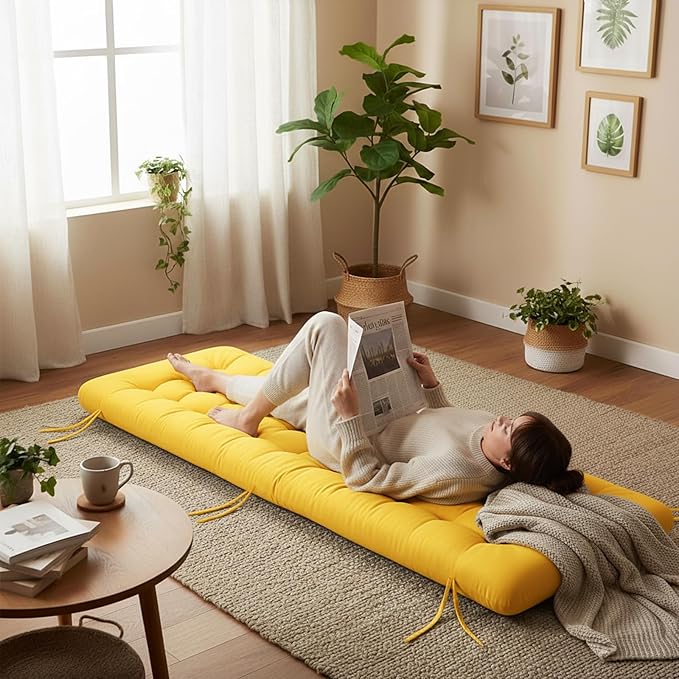 Long Floor Cushion Large Floor Cushion with Brushed Cotton 74.8 x 27.5 x 3.15 in Jumbo Lounger Pillow for Outdoor Indoor Bay Window Meditation Yoga Reading Sleeping(Yellow)