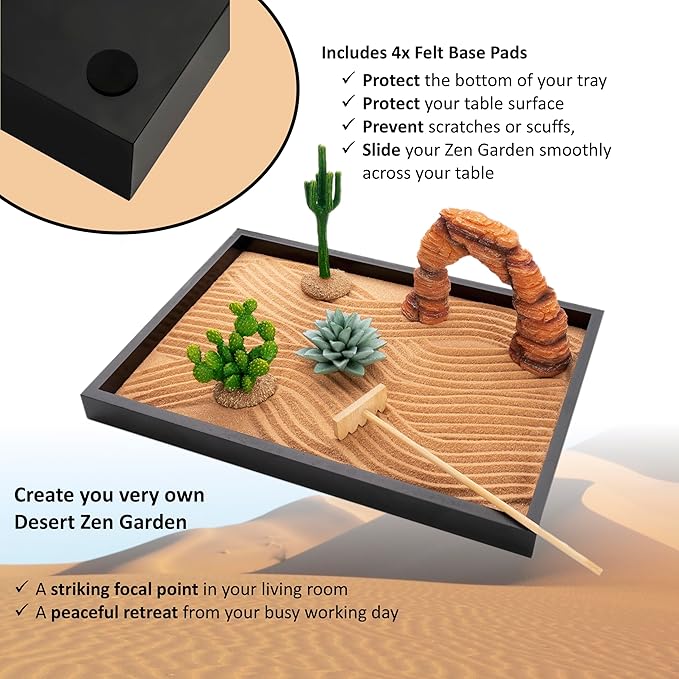 Desert Zen Garden Kit. Premium Home Cactus Decor. 11x8 Sand Tray. 4 Artificial Features, Brown Sand, 3 Handcrafted Wood Tools. Southwestern Desert Decor Zen Garden for Desk Therapy