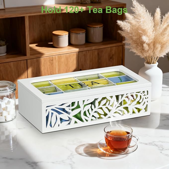 handrong Tea Box Organizer,Wood Tea Organizers and Storage,12 Compartments Teas Bag Organizers,Teas Bag Holder Organizer,Wooden Storage Box for Countertop Kitchen Cabinet Pantry