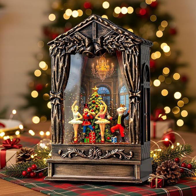 Christmas Snow Globe Lantern Water Glittering Nutcracker Ballet Theatre with Music & Timer, USB Lined/Battery Operated Lighted Lantern for Christmas Festival Decoration Gifts