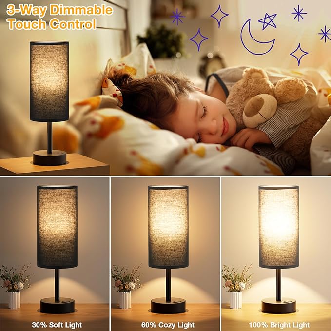 Black Touch Bedroom Lamp with USB - 3 Way Dimmable Table Lamp for Bedroom, Nightstand Lamp with Black Charging Station for Desk Dorm, Office, Boy Kids Room, Small