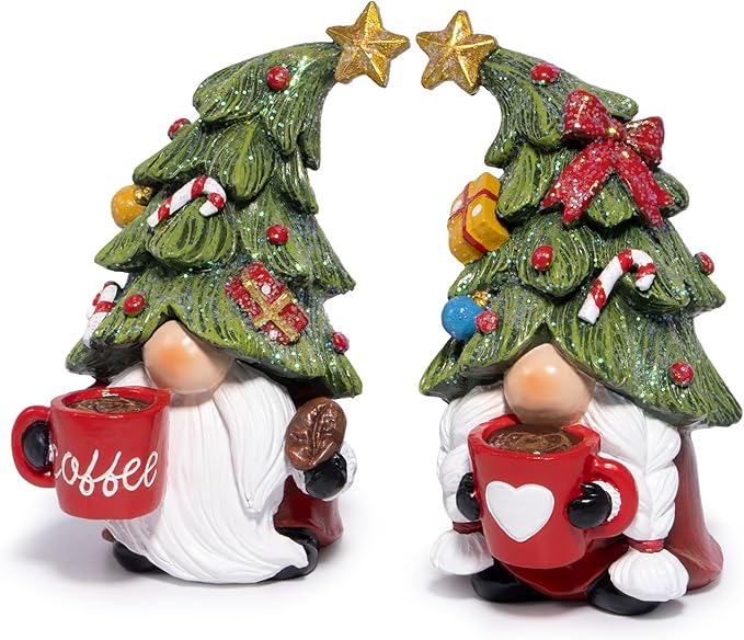 Hodao Christmas Elf Figurines with Tree Hats, Coffee Cup Elves Holiday Table Decorations, Cozy Festive Home Decor Accents for Living Room, Fireplace Mantel, Dining Table (Red)