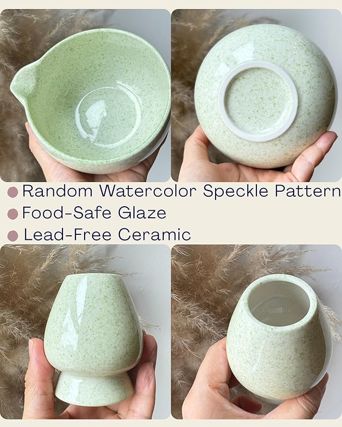 Matcha Set, Ceramic Matcha Kit Set with Matcha Bowl, Matcha Whisk Chasen and Whisk Holder, Sifter, Bamboo Scoop, Scoop Rest and Tea Towel-7 Pcs Matcha Kit for Matcha Lovers, Green