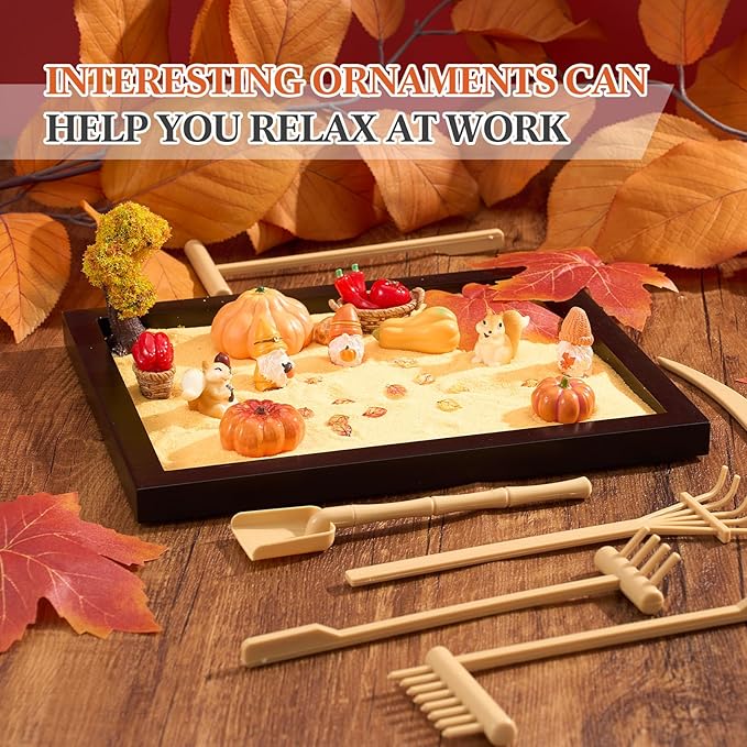 Soulchen Zen Garden Kit for Desk Decor Christmas Sand Zen Garden Gifts Mini Sandbox Set with Black Wooden Tray, Sand, Tools & Accessories Japanese Gifts for Meditation Room Office Home(Fall)