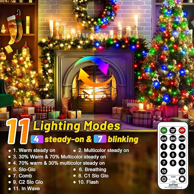 KNONEW 720 LED 328FT Christmas Lights Outdoor Green Wire Color Changing String Lights with 11 Modes & Timer Dimmable Fairy Light for Xmas Tree Roof Yard Wedding Decorations(Warm White to Multicolor)