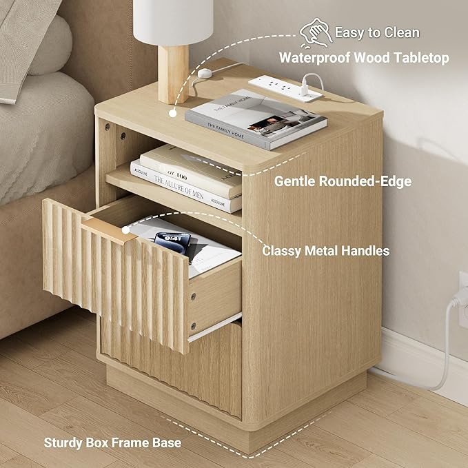 Fluted Nightstand with Charging Station, 18" Modern Farmhouse Night Stand, 2 Drawers End Table with Storage, Bedside Table for Bedroom Sofa Home Office, Curved Profile Design (Natural Oak)
